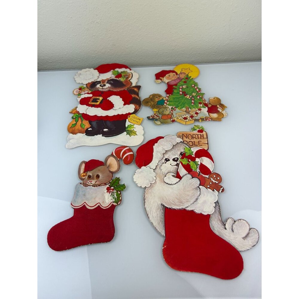 Vintage Christmas Red Velvet Accented Paper Cutout Decoration Mouse Elf Raccoon - Picture 2 of 16